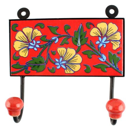 Red With Forest Green Leaf Flower Ceramic Tile Wall Hook